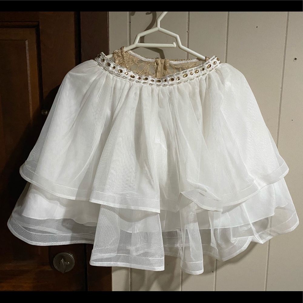 white and gold two piece david’s bridal dress!!